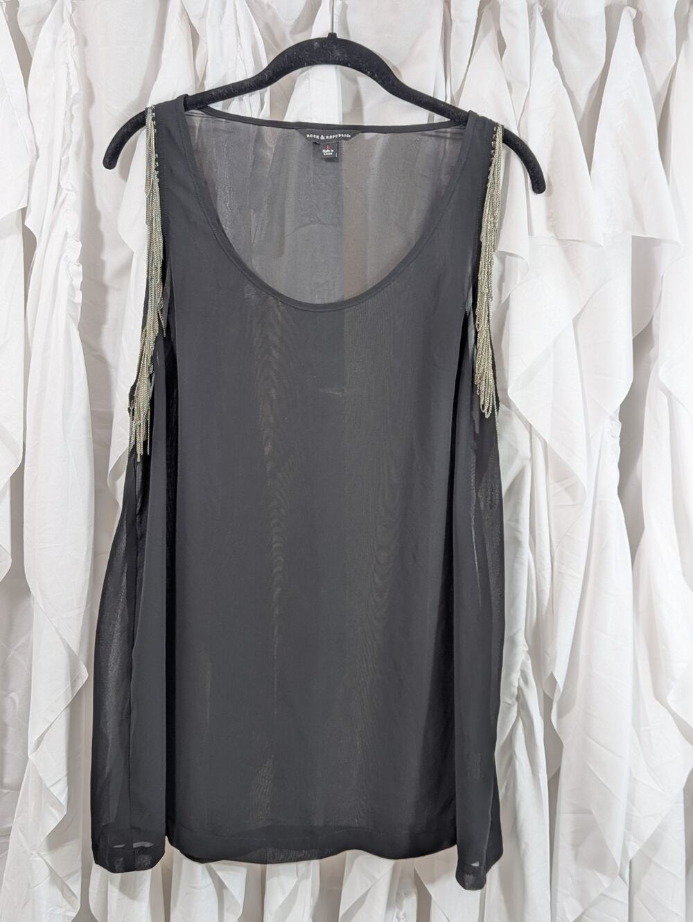 Rock & Republic Black Sheer Tank Cami Top Silver Chain Edgy Grunge Goth Women L